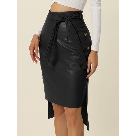 High Low Skirt Belted High Waist Side Button Decor Leather Skirt Black - Picture 2 of 6